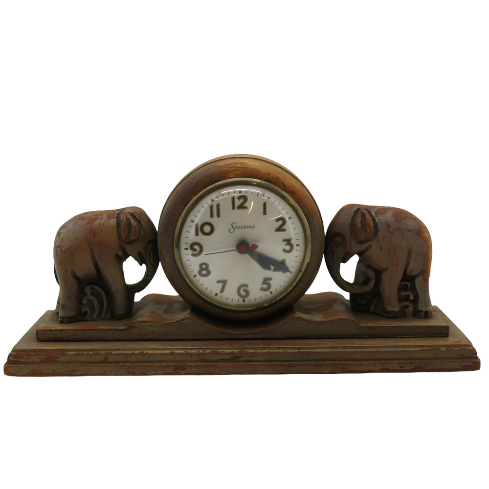 VTG Sessions Elephant Mantel Desk Clock Wooden Carved Home Decor Tested Works